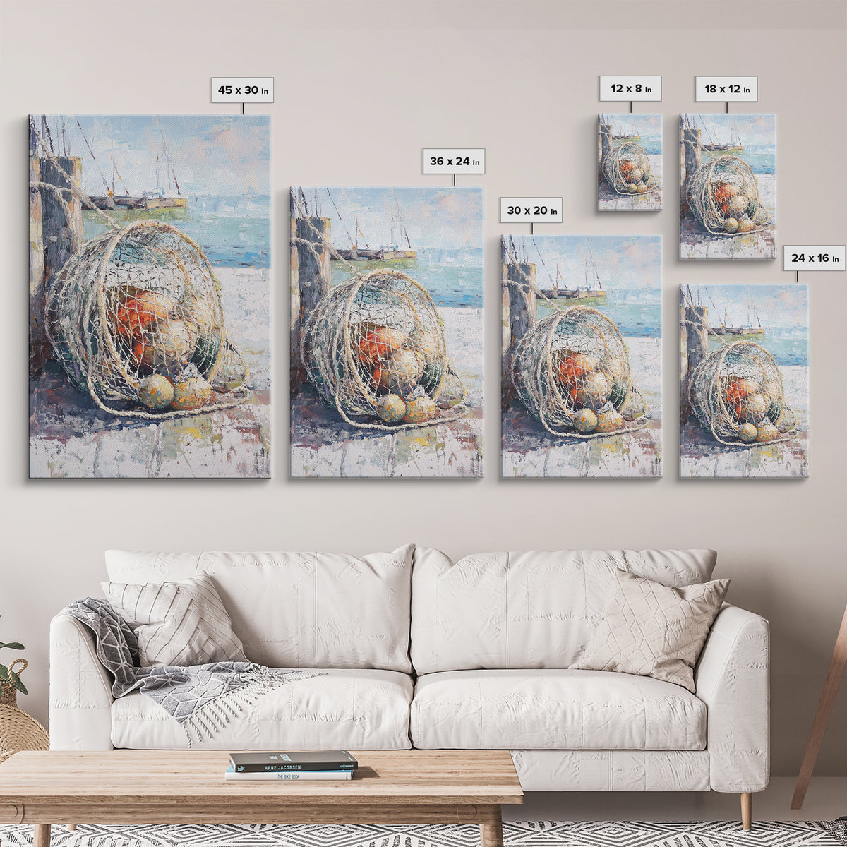 Fishing Net And Buoys By Harbor Wall Art, Coastal Wall Decor, Nautical Canvas Print, Beach House Decor, Ocean Art, Gift For Him