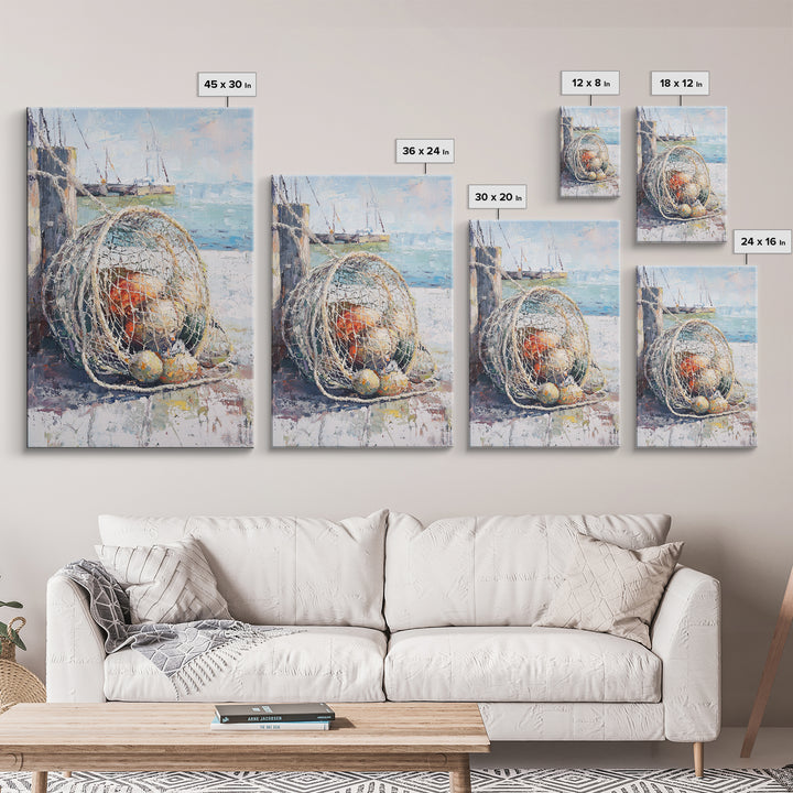 Fishing Net And Buoys By Harbor Wall Art, Coastal Wall Decor, Nautical Canvas Print, Beach House Decor, Ocean Art, Gift For Him