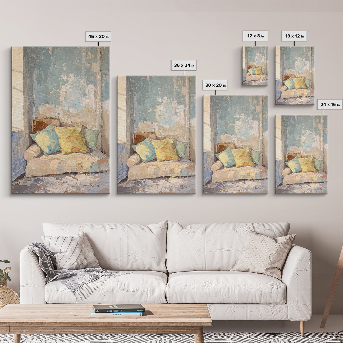 Sunlit Sofa With Pastel Pillows Wall Art, Cozy Bedroom Decor, Neutral Living Room Art, Apartment Decor, Housewarming Gift