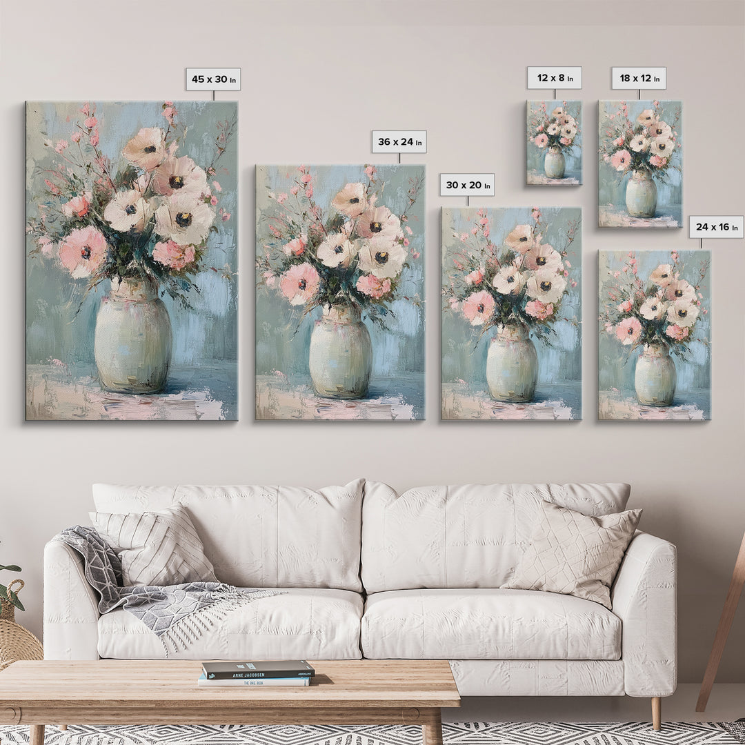 Soft Pink Poppies In Pale Ceramic Vase Wall Art, Textured Floral Canvas Print, Feminine Bedroom Decor Romantic Gift For Her