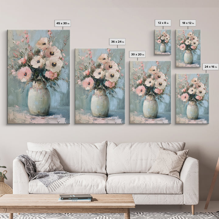 Soft Pink Poppies In Pale Ceramic Vase Wall Art, Textured Floral Canvas Print, Feminine Bedroom Decor Romantic Gift For Her