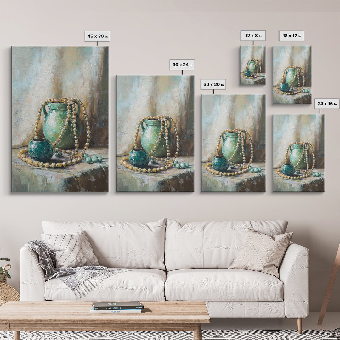 Turquoise Vases With Pearl Beads Still Life Wall Art, Elegant Framed Canvas Print For Bedroom Office Decor Gift For Her