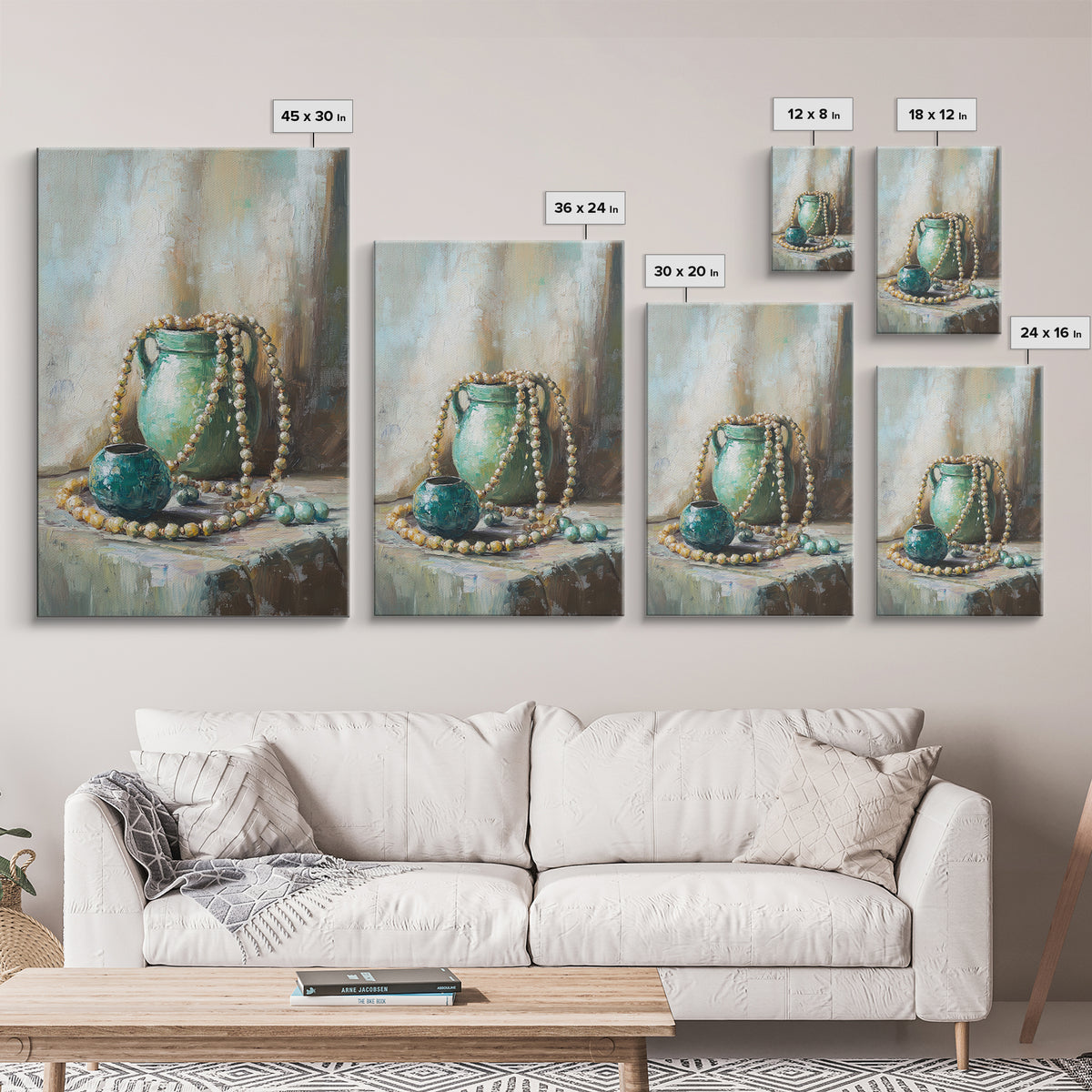 Turquoise Vases With Pearl Beads Still Life Wall Art, Elegant Framed Canvas Print For Bedroom Office Decor Gift For Her