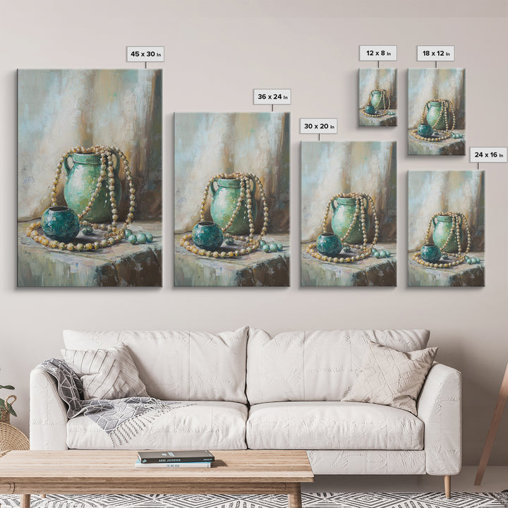 Turquoise Vases With Pearl Beads Still Life Wall Art, Elegant Framed Canvas Print For Bedroom Office Decor Gift For Her