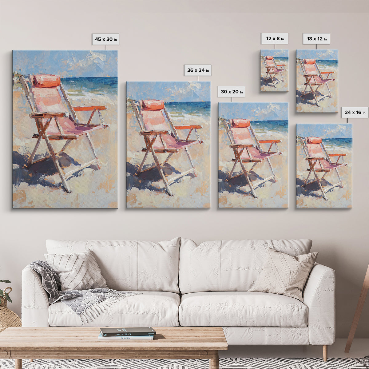 Pink Beach Chair Beside Blue Ocean Canvas Print, Coastal Wall Art For Beach House Decor, Summer Living Room Gift For Her