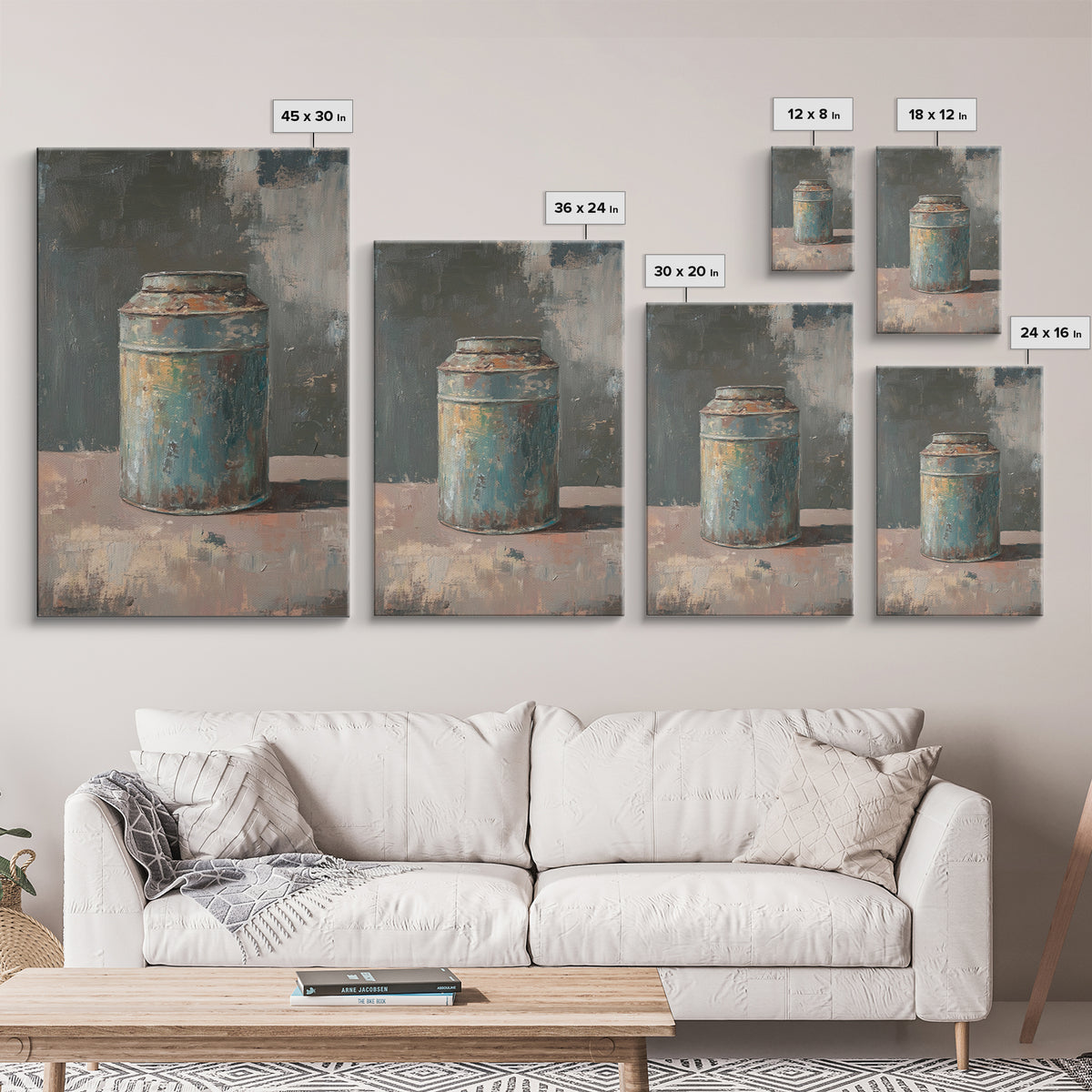 Rustic Blue Tin Can Still Life Canvas Print, Wabi Sabi Wall Art, Industrial Farmhouse Decor, Neutral Kitchen Print Home Decor