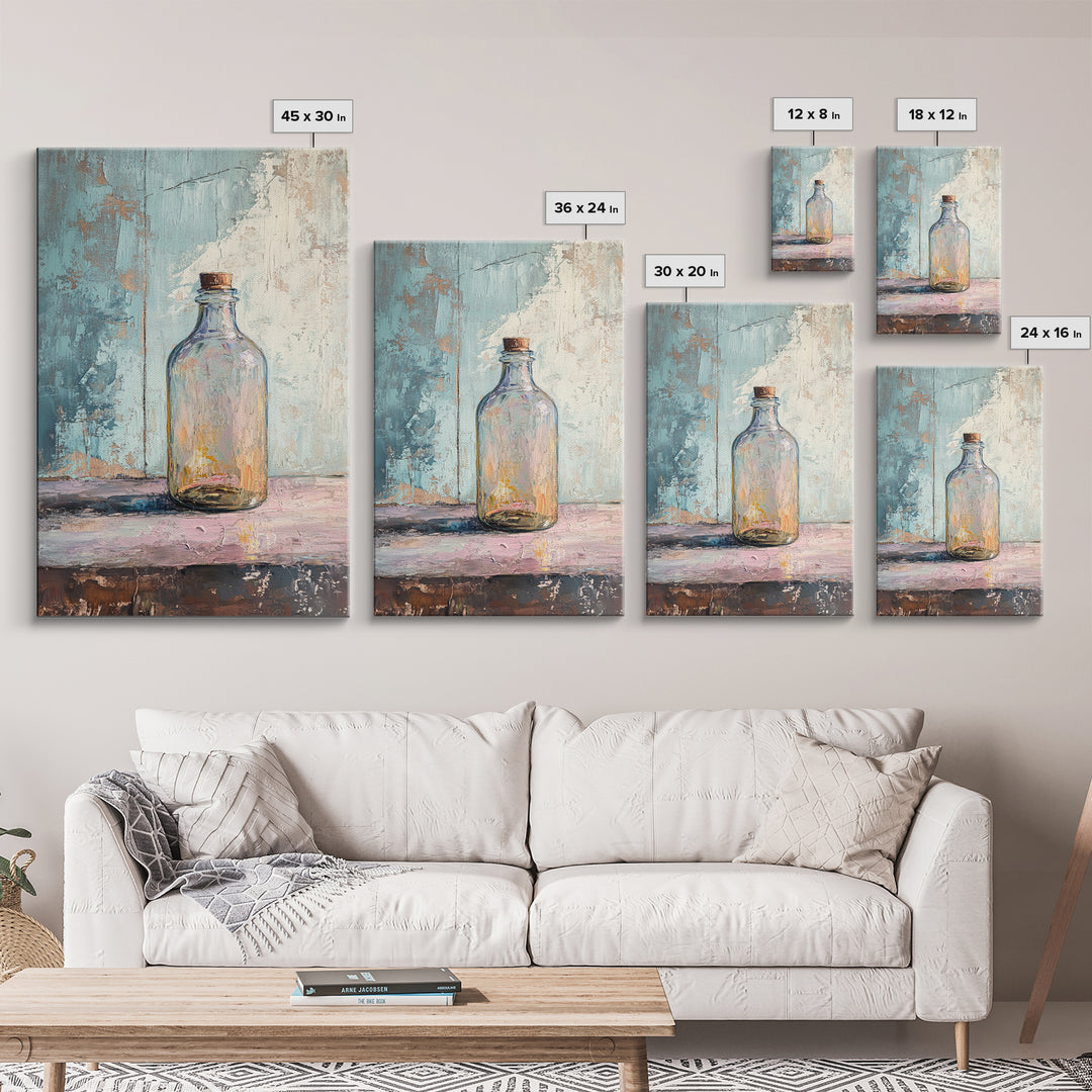 Iridescent Glass Bottle On Blue Plaster Wall Art, Minimalist Still Life Print, Wabi Sabi Kitchen Decor, Modern Home Gift