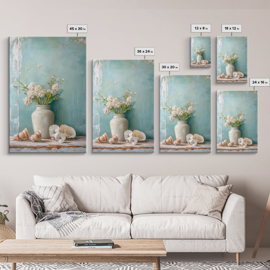 White Hydrangea Vase With Seashells Framed Canvas Print, Coastal Wall Art, Beach House Decor, Soft Neutral Home Decor, Bathroom Wall Decor