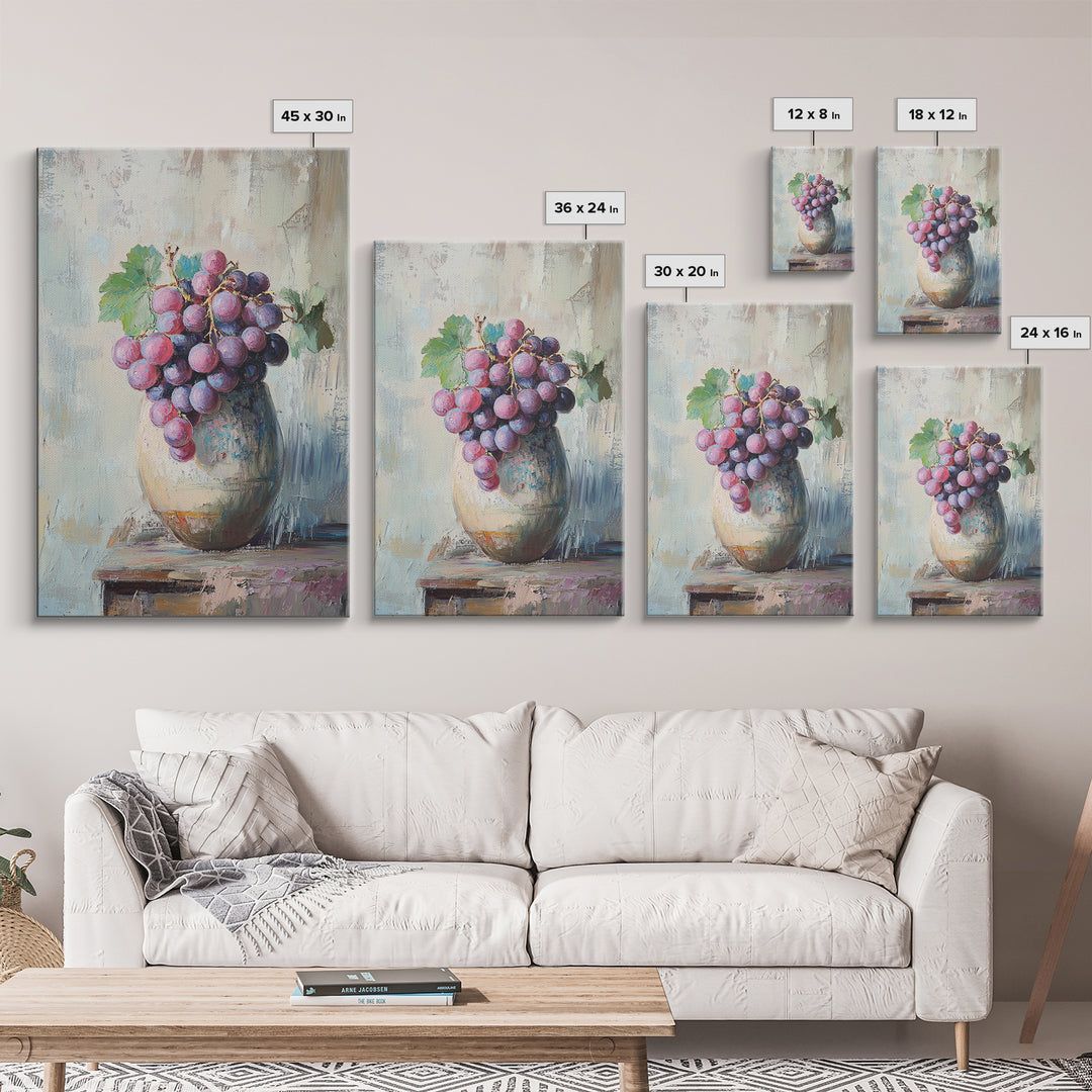 Purple Grapes In Rustic Ceramic Vase Wall Art, Vineyard Still Life Oil Painting, Wine Kitchen Decor, Farmhouse Canvas Print