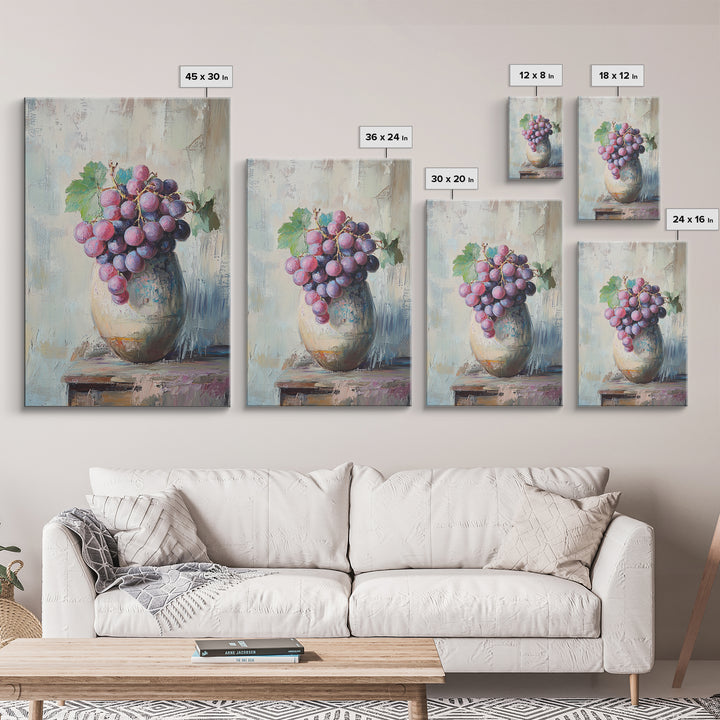 Purple Grapes In Rustic Ceramic Vase Wall Art, Vineyard Still Life Oil Painting, Wine Kitchen Decor, Farmhouse Canvas Print