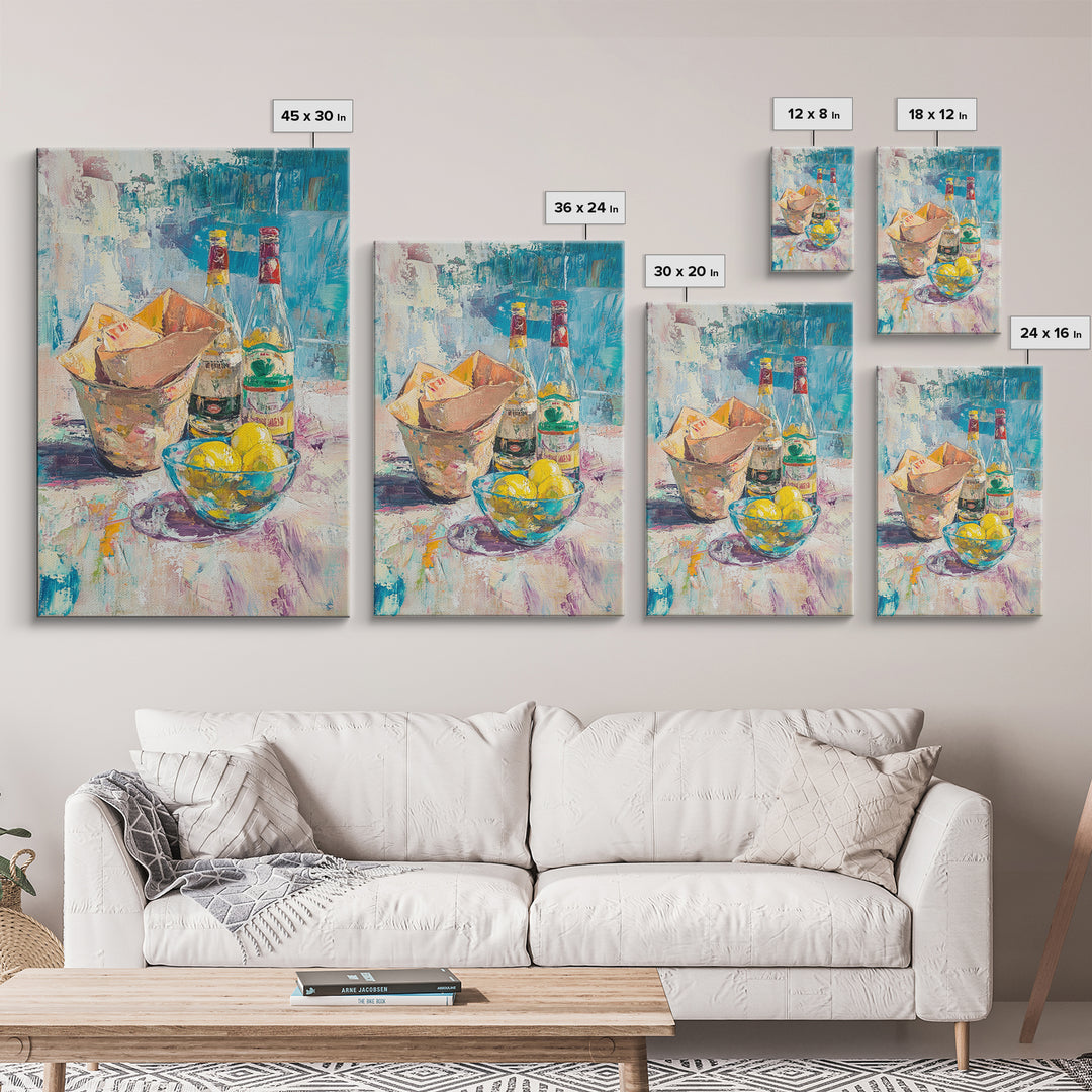 Bottles Lemons And Ice Bucket Canvas Print, Colorful Bar Cart Wall Art, Cocktail Kitchen Decor, Eclectic Dining Room Print