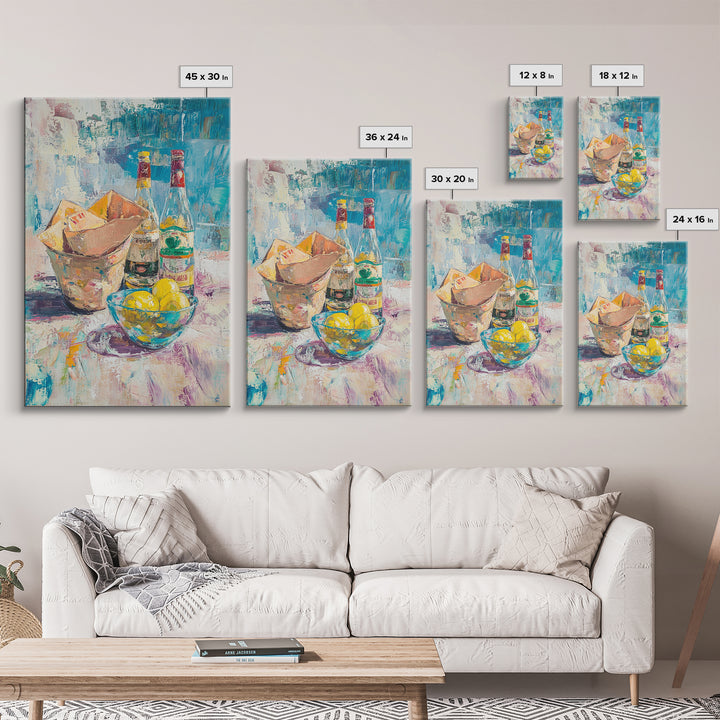 Bottles Lemons And Ice Bucket Canvas Print, Colorful Bar Cart Wall Art, Cocktail Kitchen Decor, Eclectic Dining Room Print