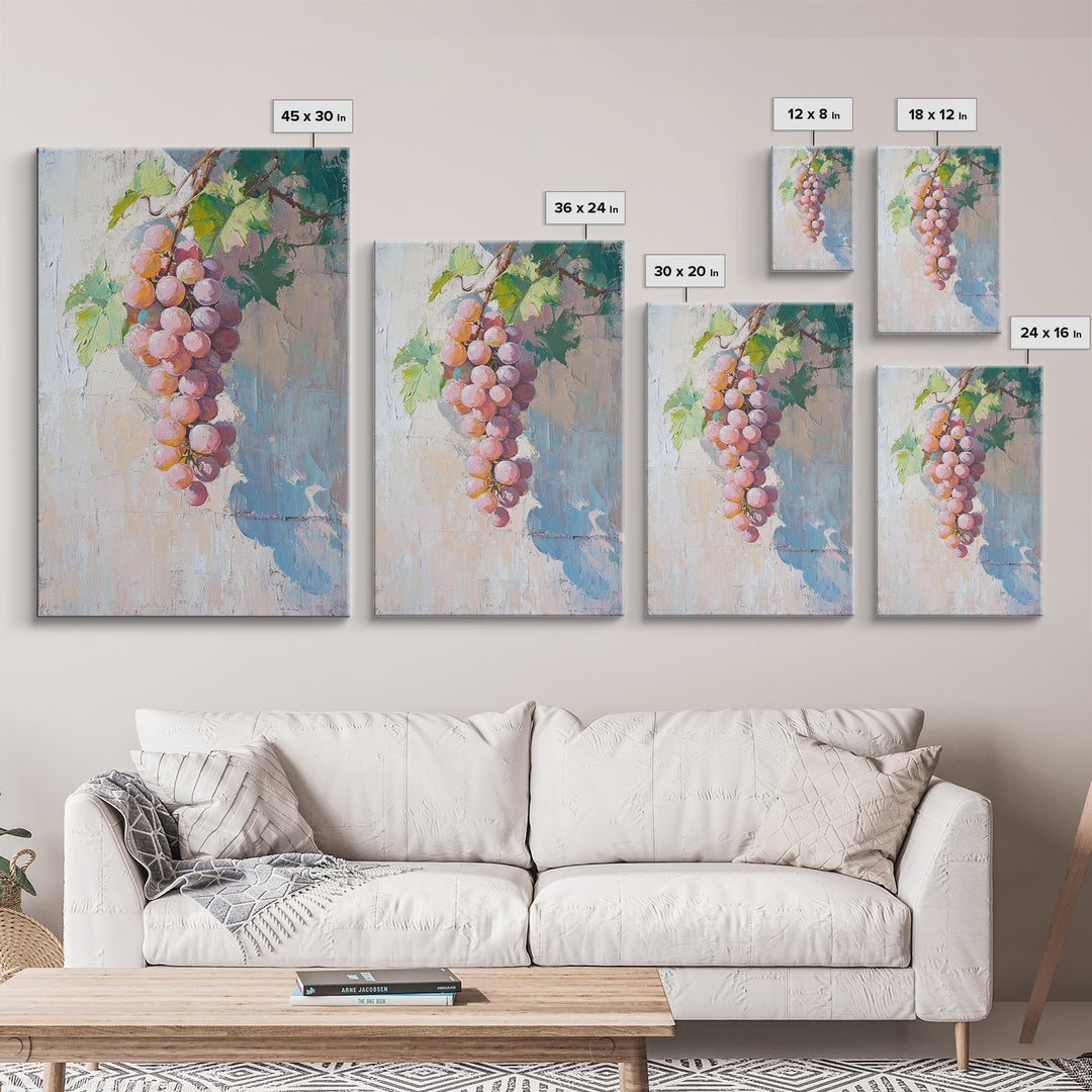 Blush Pink Grapes Hanging On Vine Wall Art, Vineyard Canvas Print, Wine Country Kitchen Decor, Soft Coastal Farmhouse Art