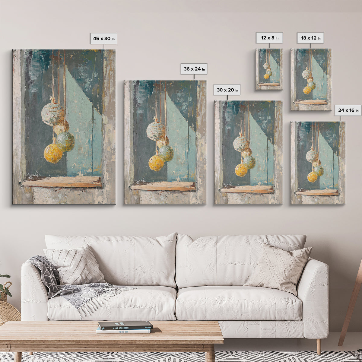 Hanging Textured Ornaments Canvas Print, Rustic Window Still Life, Boho Wall Decor, Neutral Modern Farmhouse Home Decor Art