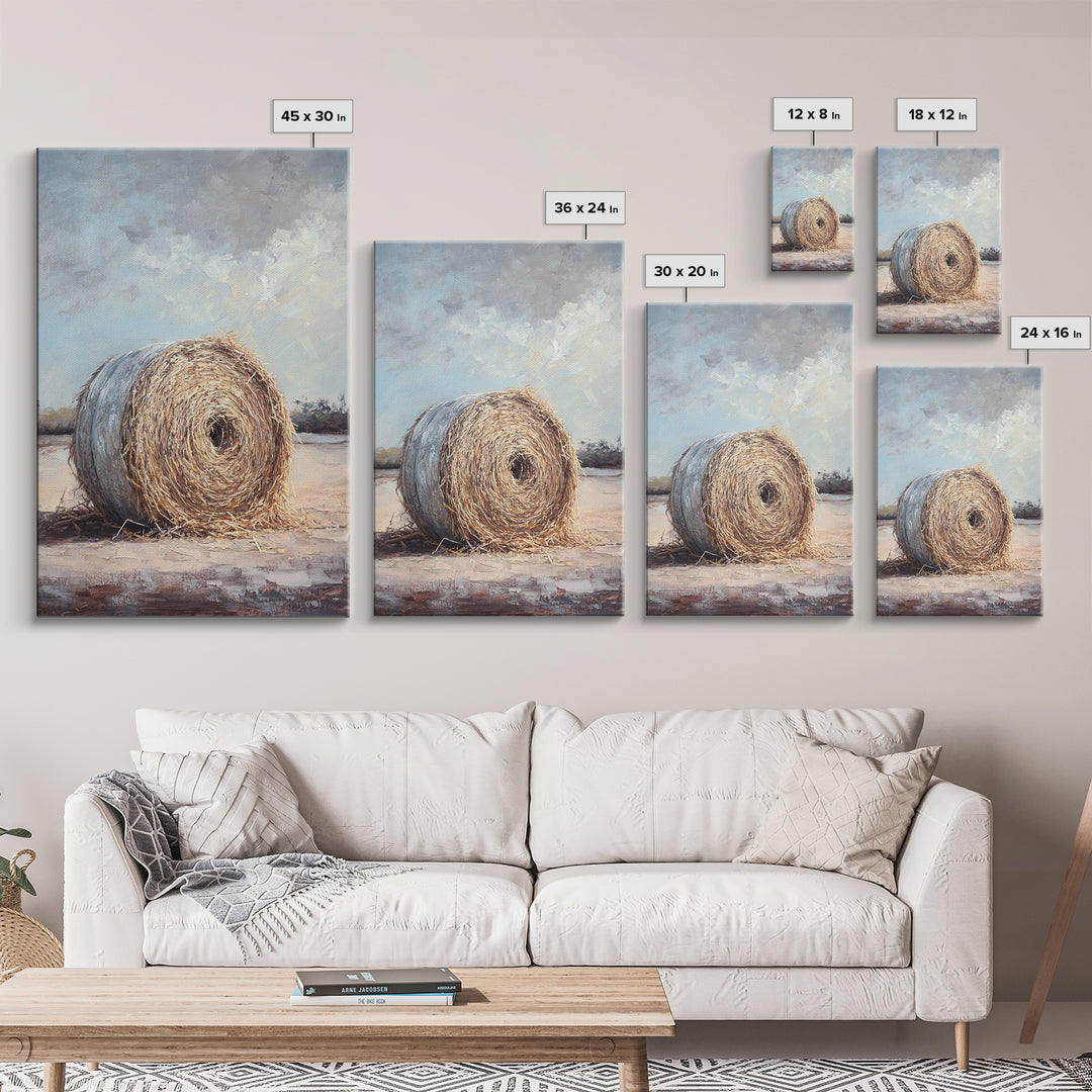 Round Hay Bale Field Wall Art, Rustic Farmhouse Landscape Painting, Country Home Decor, Neutral Large Canvas Print Gift For Her