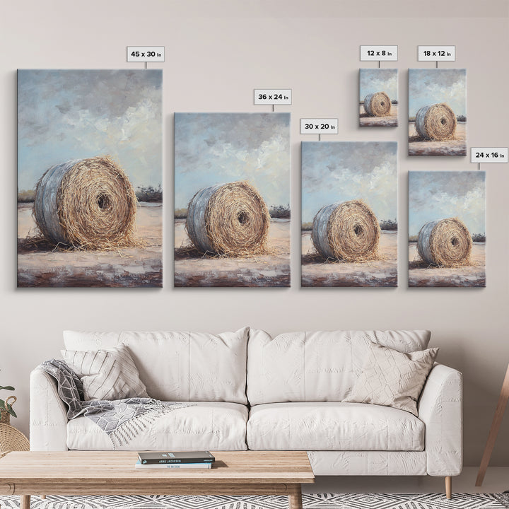 Round Hay Bale Field Wall Art, Rustic Farmhouse Landscape Painting, Country Home Decor, Neutral Large Canvas Print Gift For Her