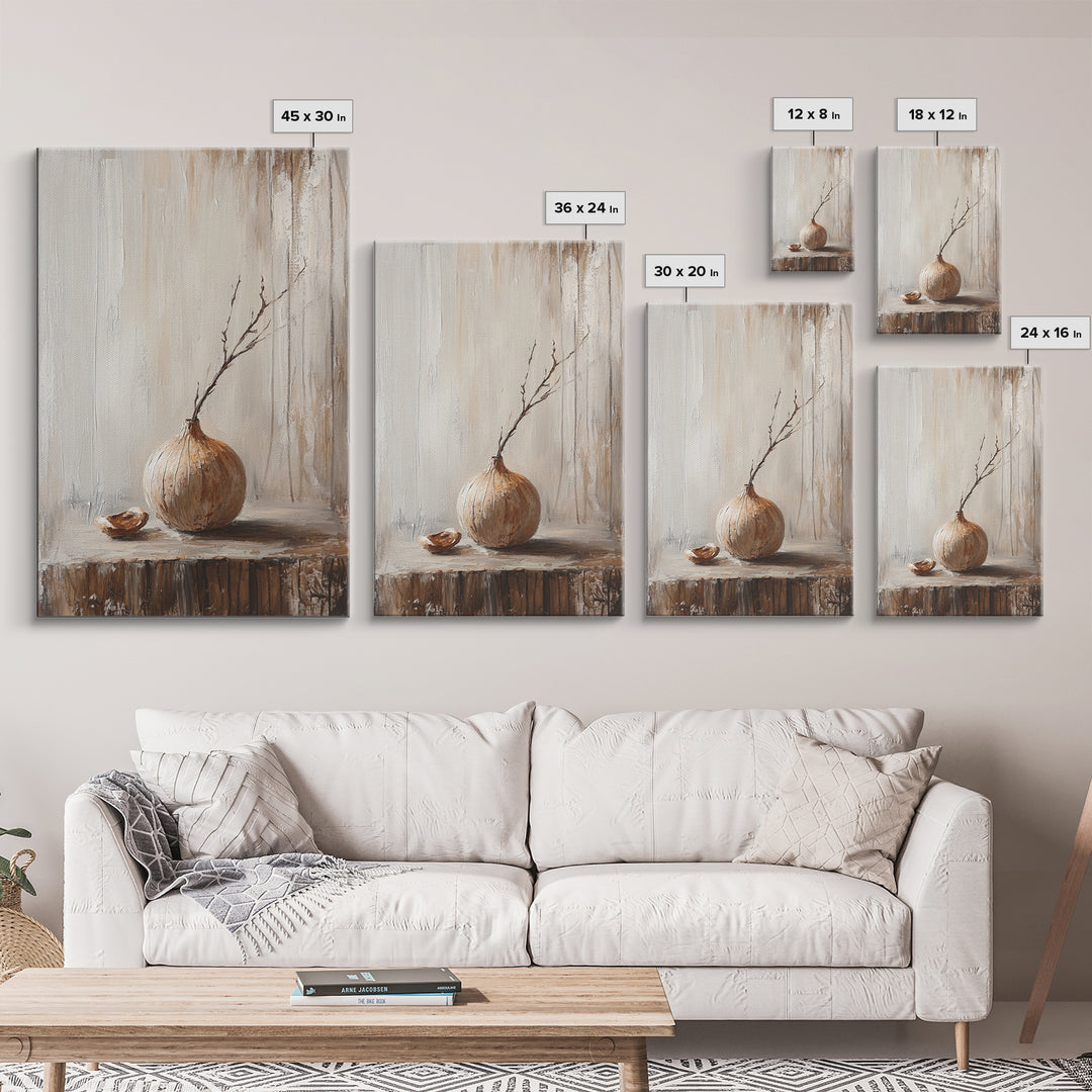 Minimal Onion Still Life Canvas Print, Neutral Kitchen Wall Art, Rustic Farmhouse Decor, Contemporary Vegetable Art Print