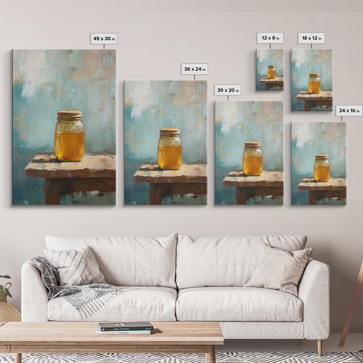 Golden Honey Jar Canvas Print, Rustic Kitchen Wall Art, Farmhouse Still Life Decor, Bee Lover Gift, Modern Home Decor Art
