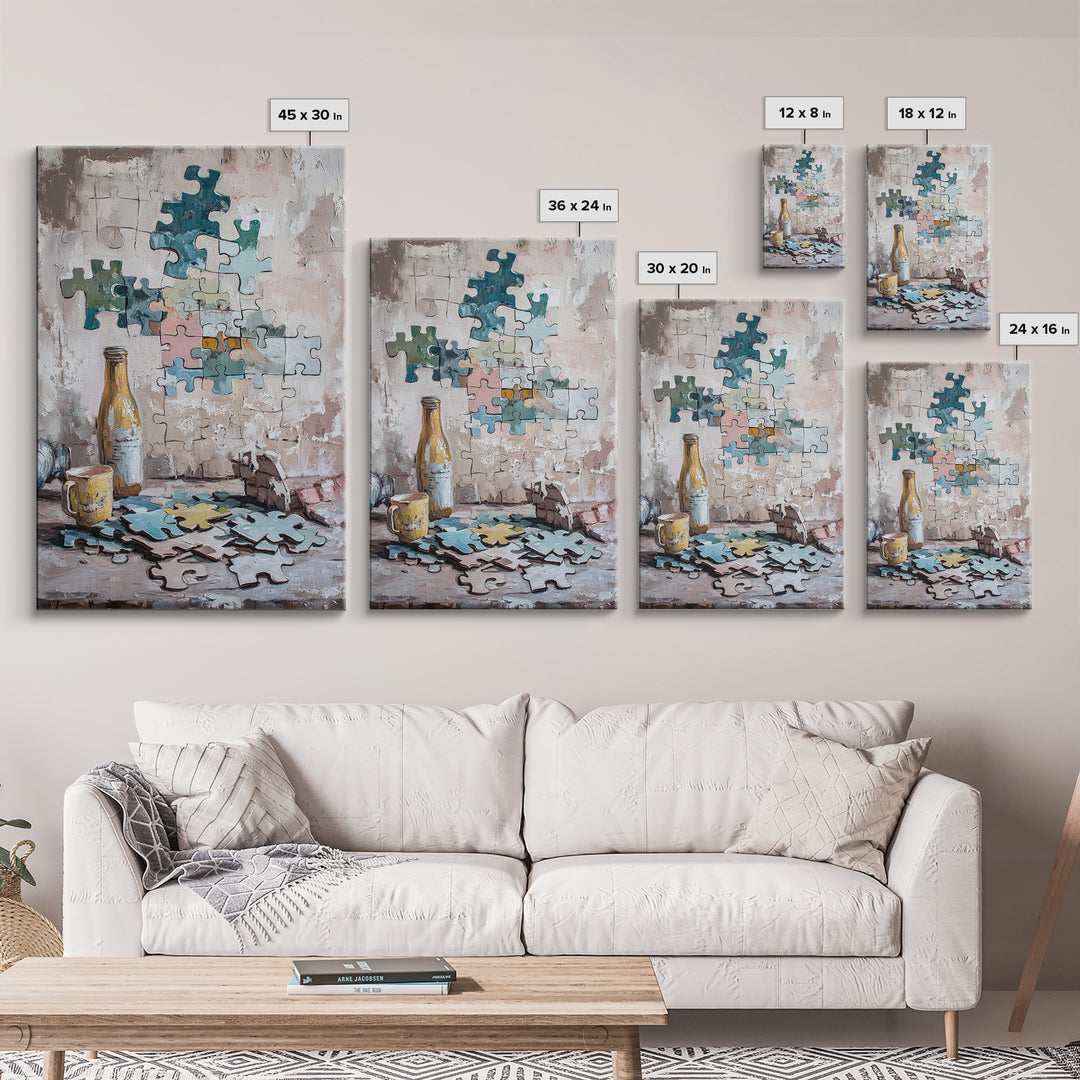 Puzzle Pieces And Bottle Still Life Canvas Print, Whimsical Wall Art, Game Room Decor, Eclectic Wall Art, Unique Gift, Living Room Decor