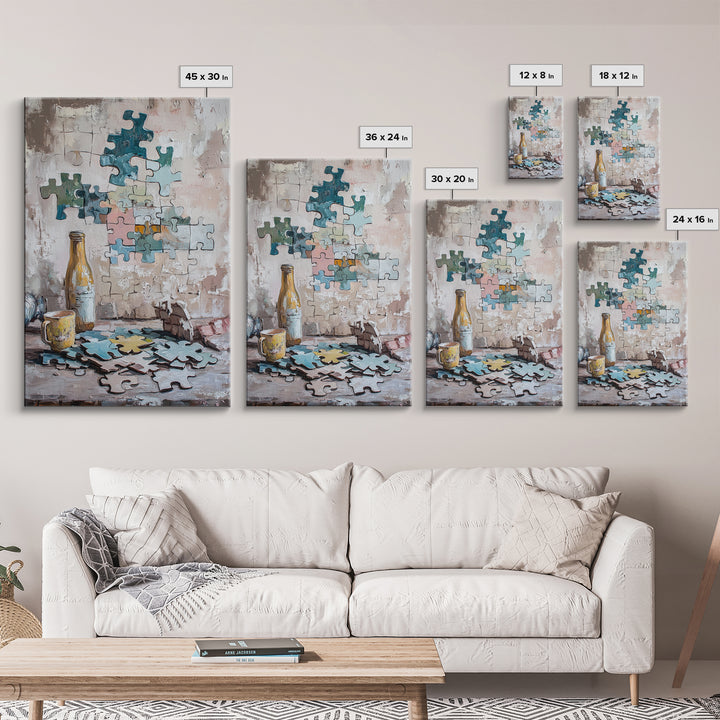 Puzzle Pieces And Bottle Still Life Canvas Print, Whimsical Wall Art, Game Room Decor, Eclectic Wall Art, Unique Gift, Living Room Decor