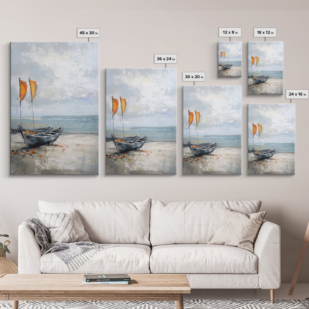 Orange Sailboats On Misty Beach Framed Canvas Print, Coastal Wall Art, Nautical Decor, Ocean Seascape Beach House Gift For Him