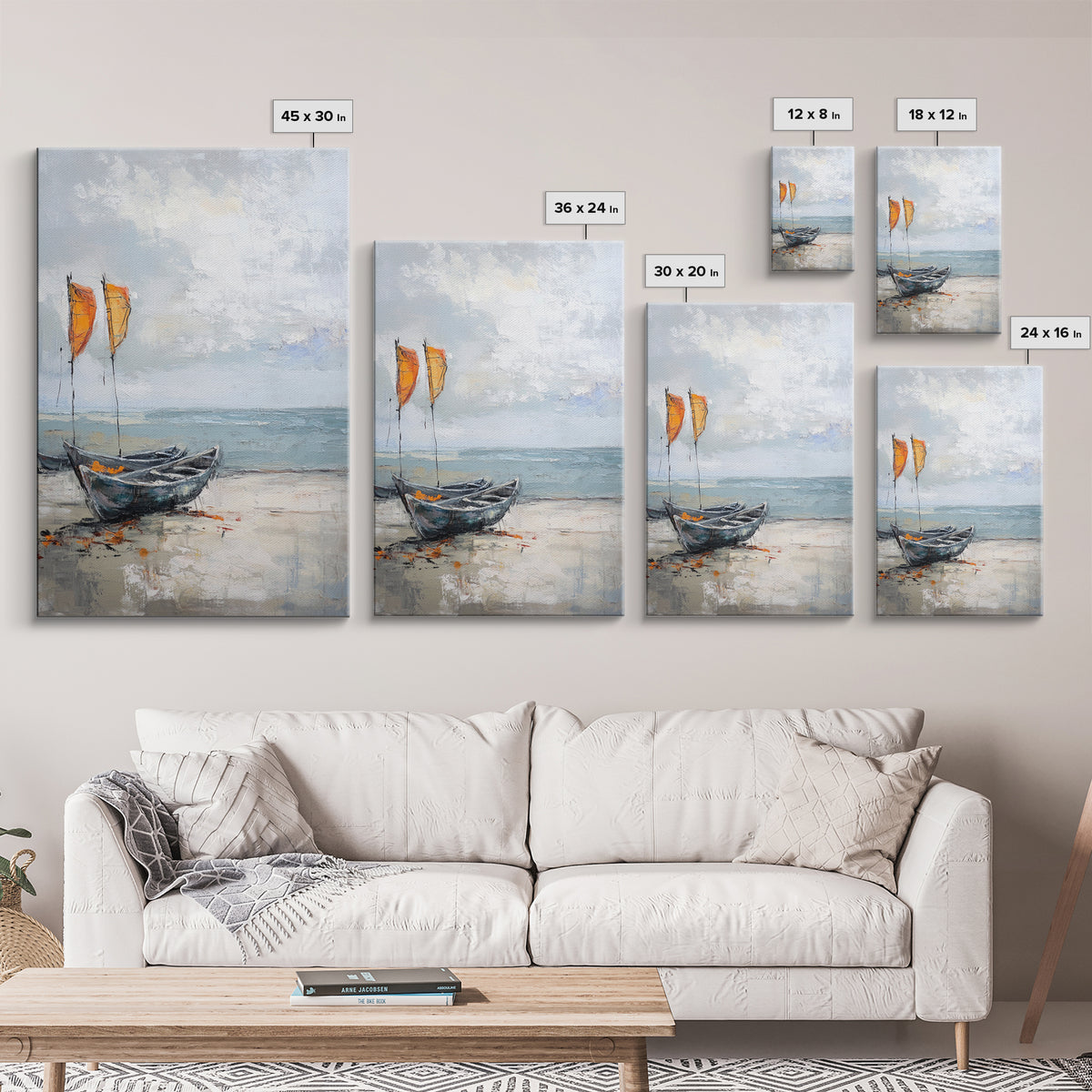 Orange Sailboats On Misty Beach Framed Canvas Print, Coastal Wall Art, Nautical Decor, Ocean Seascape Beach House Gift For Him