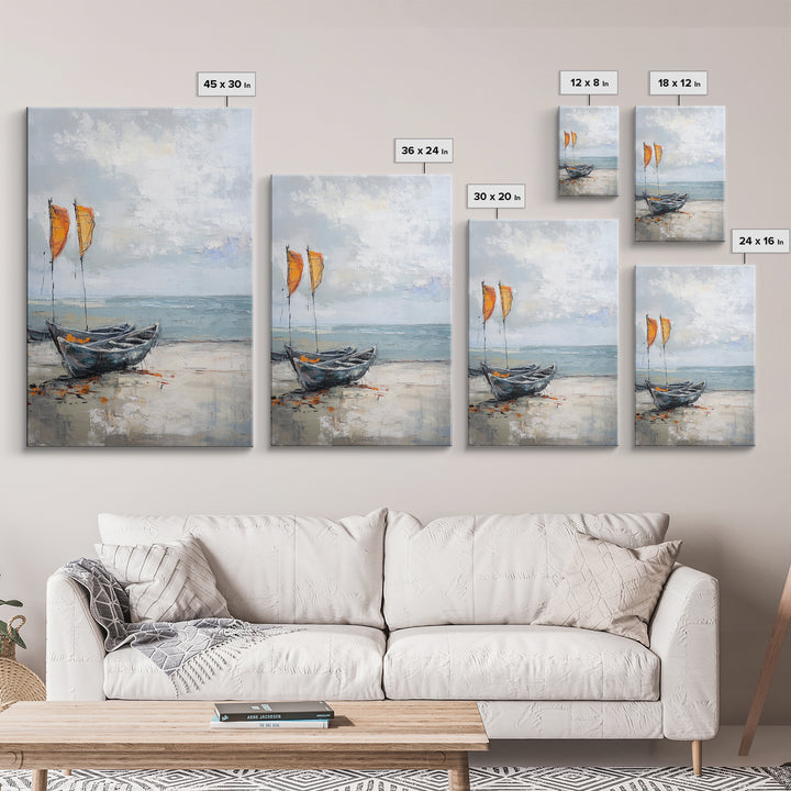 Orange Sailboats On Misty Beach Framed Canvas Print, Coastal Wall Art, Nautical Decor, Ocean Seascape Beach House Gift For Him