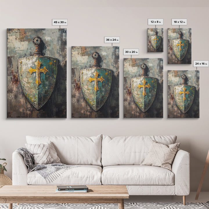 Medieval Shield And Sword Wall Art, Gothic Framed Canvas Print, Fantasy Decor, Knight Armor Gift For Him Home Office Man Cave Decor