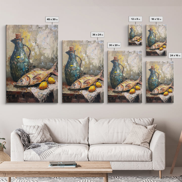 Mediterranean Fish Still Life With Lemons Framed Canvas Print, Coastal Kitchen Wall Art, Seafood Decor, Foodie Gift For Home Chefs