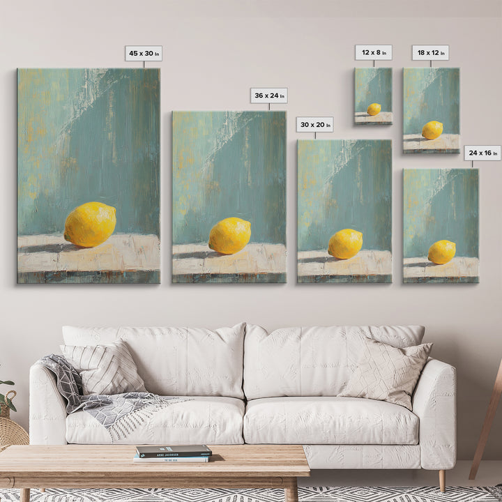 Single Yellow Lemon Still Life Wall Art, Minimalist Kitchen Decor, Neutral Canvas Wall Art, Rustic Farmhouse Art Print Gift