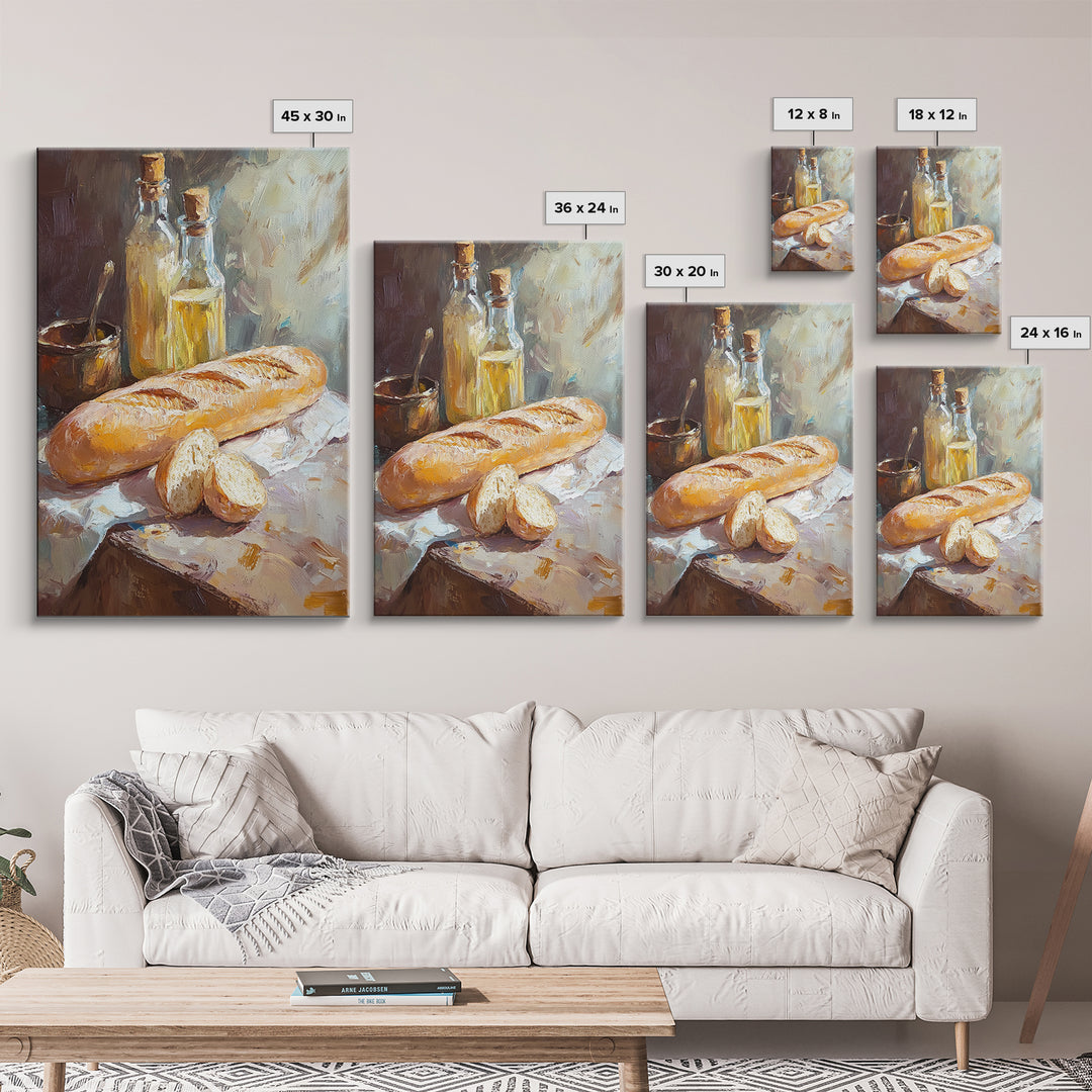 Rustic Baguette And Olive Oil Still Life Canvas Print, French Kitchen Wall Art, Bakery Decor, Food Lover Housewarming Gift