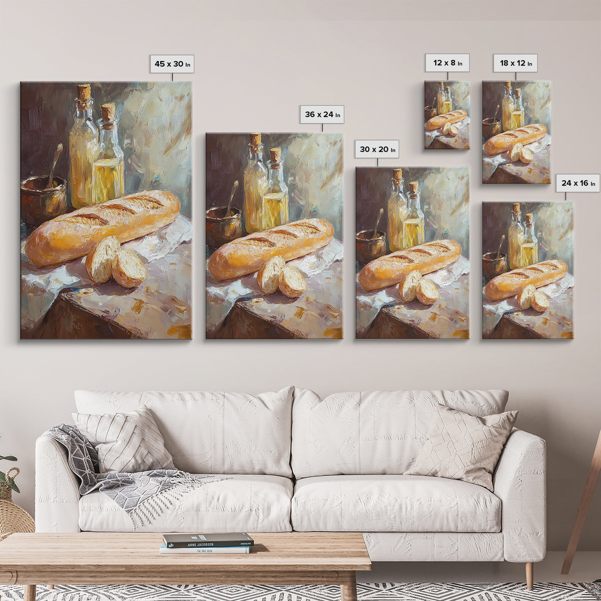 Rustic Baguette And Olive Oil Still Life Canvas Print, French Kitchen Wall Art, Bakery Decor, Food Lover Housewarming Gift