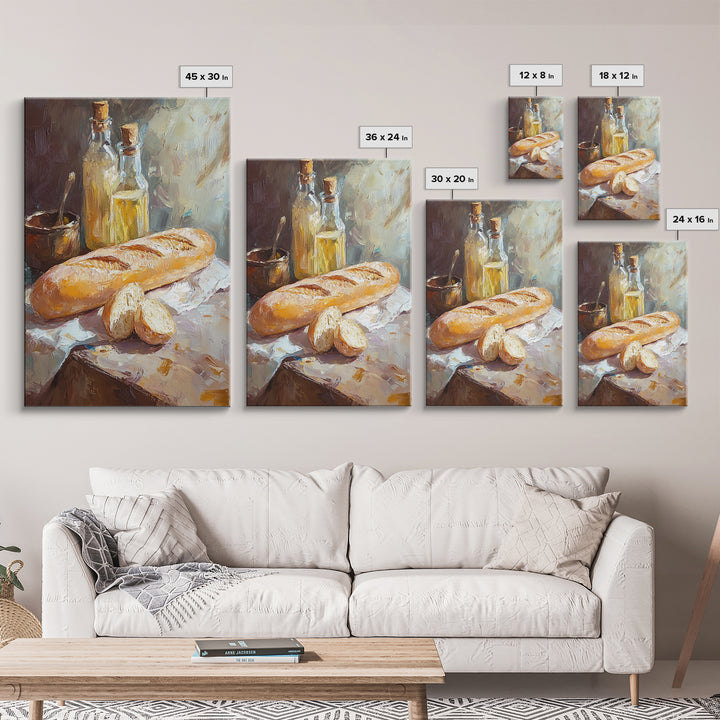 Rustic Baguette And Olive Oil Still Life Canvas Print, French Kitchen Wall Art, Bakery Decor, Food Lover Housewarming Gift