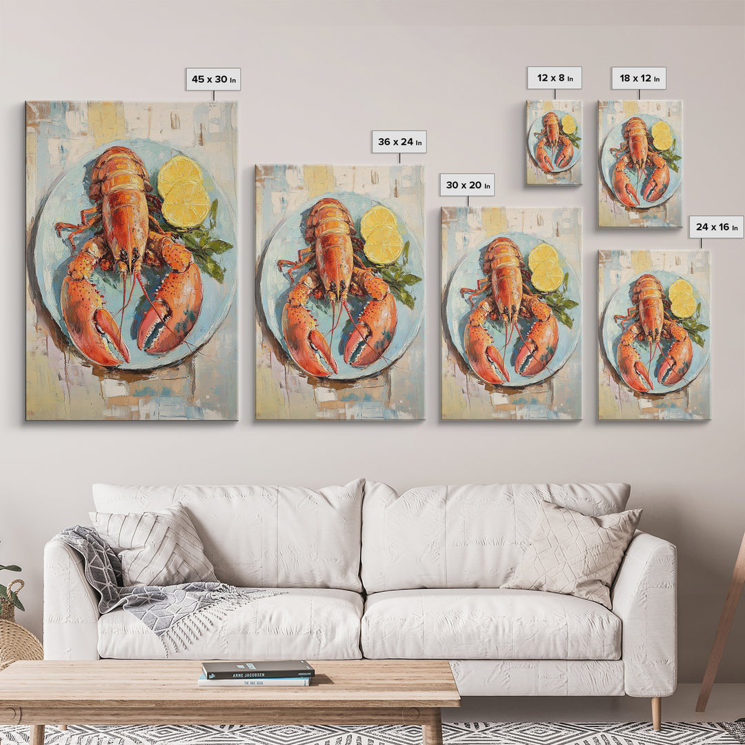Red Lobster With Lemon Seafood Wall Art, Coastal Kitchen Decor, Nautical Canvas Print, Beach House Decor Gift For Food Lover