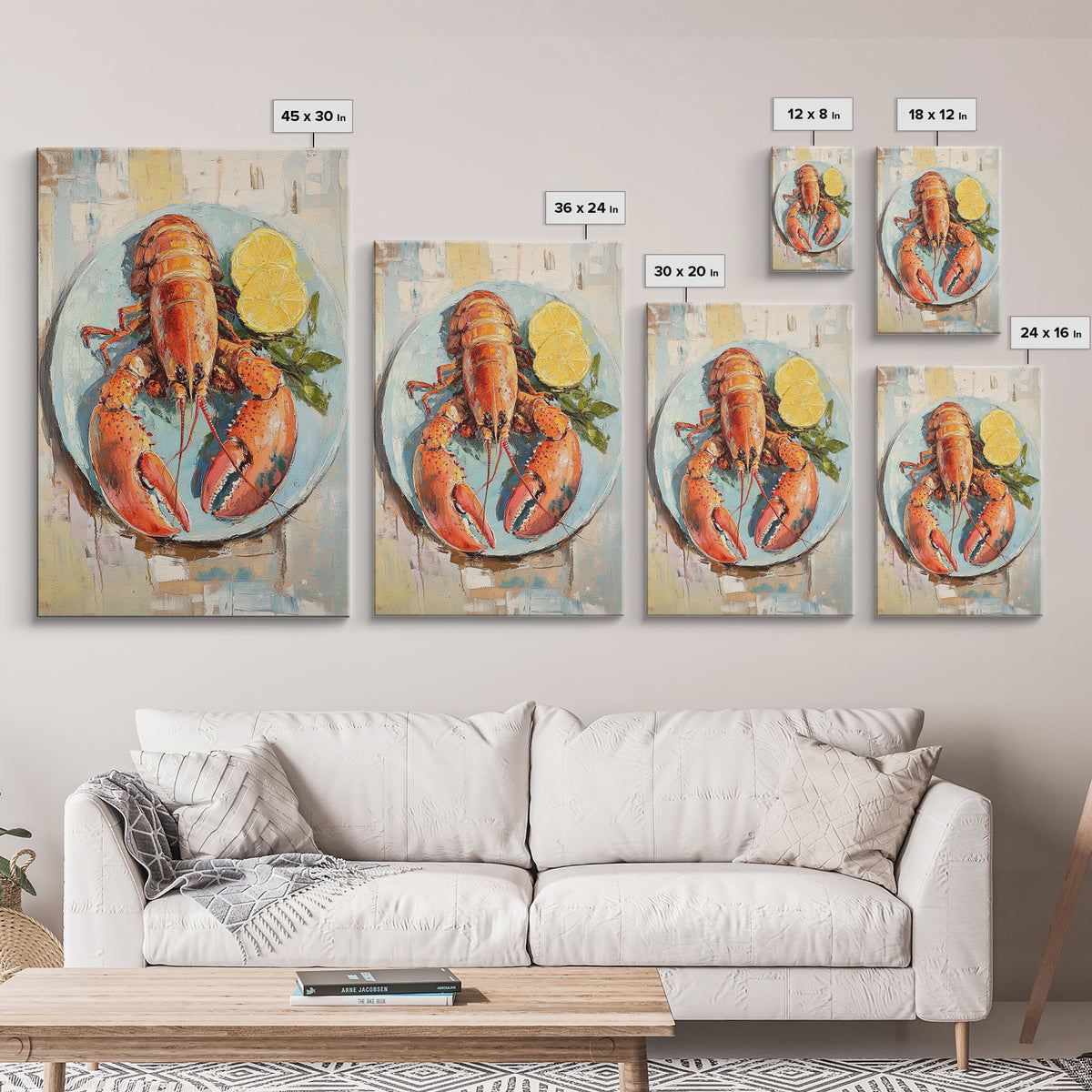Red Lobster With Lemon Seafood Wall Art, Coastal Kitchen Decor, Nautical Canvas Print, Beach House Decor Gift For Food Lover