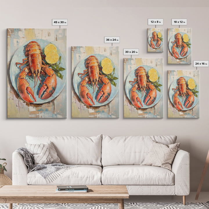 Red Lobster With Lemon Seafood Wall Art, Coastal Kitchen Decor, Nautical Canvas Print, Beach House Decor Gift For Food Lover