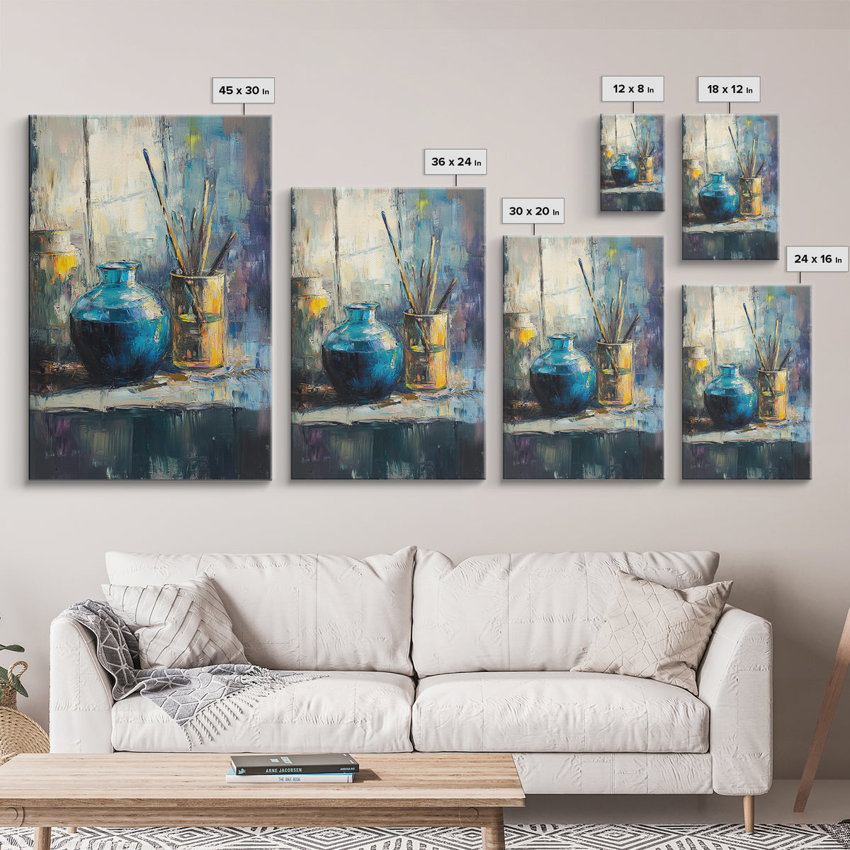 Blue Ceramic Vase With Artist Brushes Wall Art, Textured Still Life Oil Painting, Modern Home Decor, Living Room Art Print