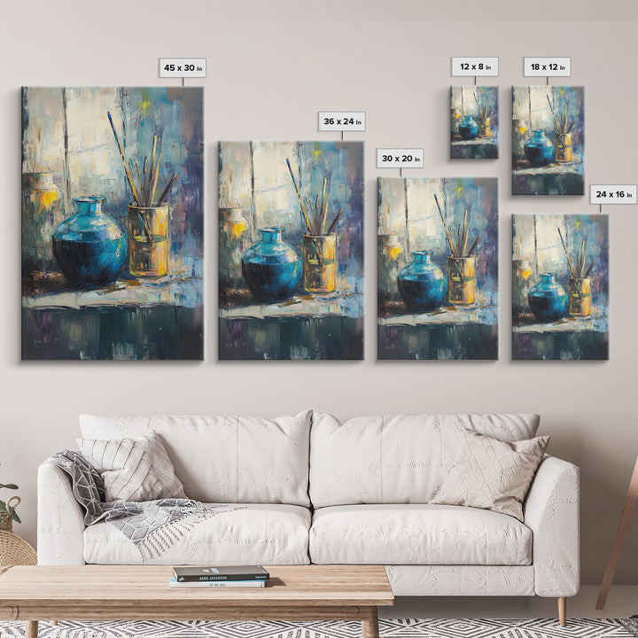 Blue Ceramic Vase With Artist Brushes Wall Art, Textured Still Life Oil Painting, Modern Home Decor, Living Room Art Print