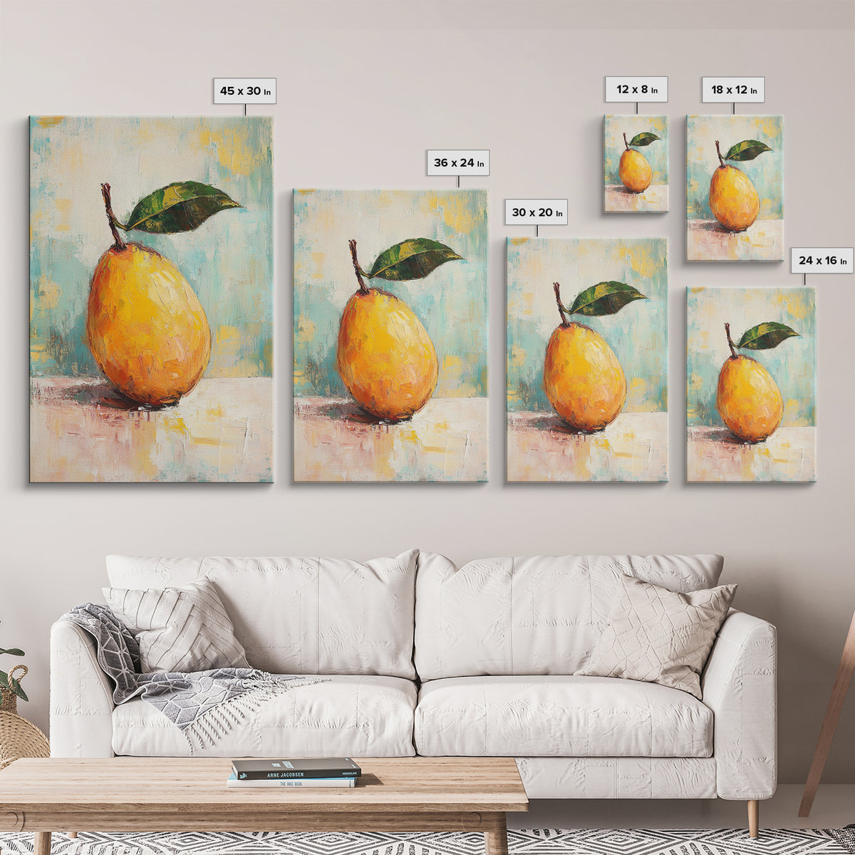 Golden Pear With Green Leaf Wall Art, Textured Fruit Still Life Oil Painting, Kitchen Wall Art, Farmhouse Home Decor, Dining Room Print