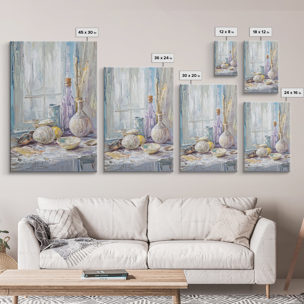 Seashells And Purple Bottle By Window Wall Art, Coastal Still Life Oil Painting, Beach House Decor, Neutral Wall Decor, Bathroom Art