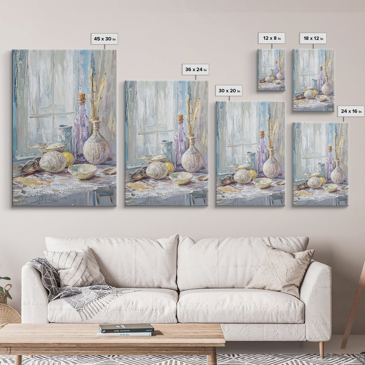 Seashells And Purple Bottle By Window Wall Art, Coastal Still Life Oil Painting, Beach House Decor, Neutral Wall Decor, Bathroom Art