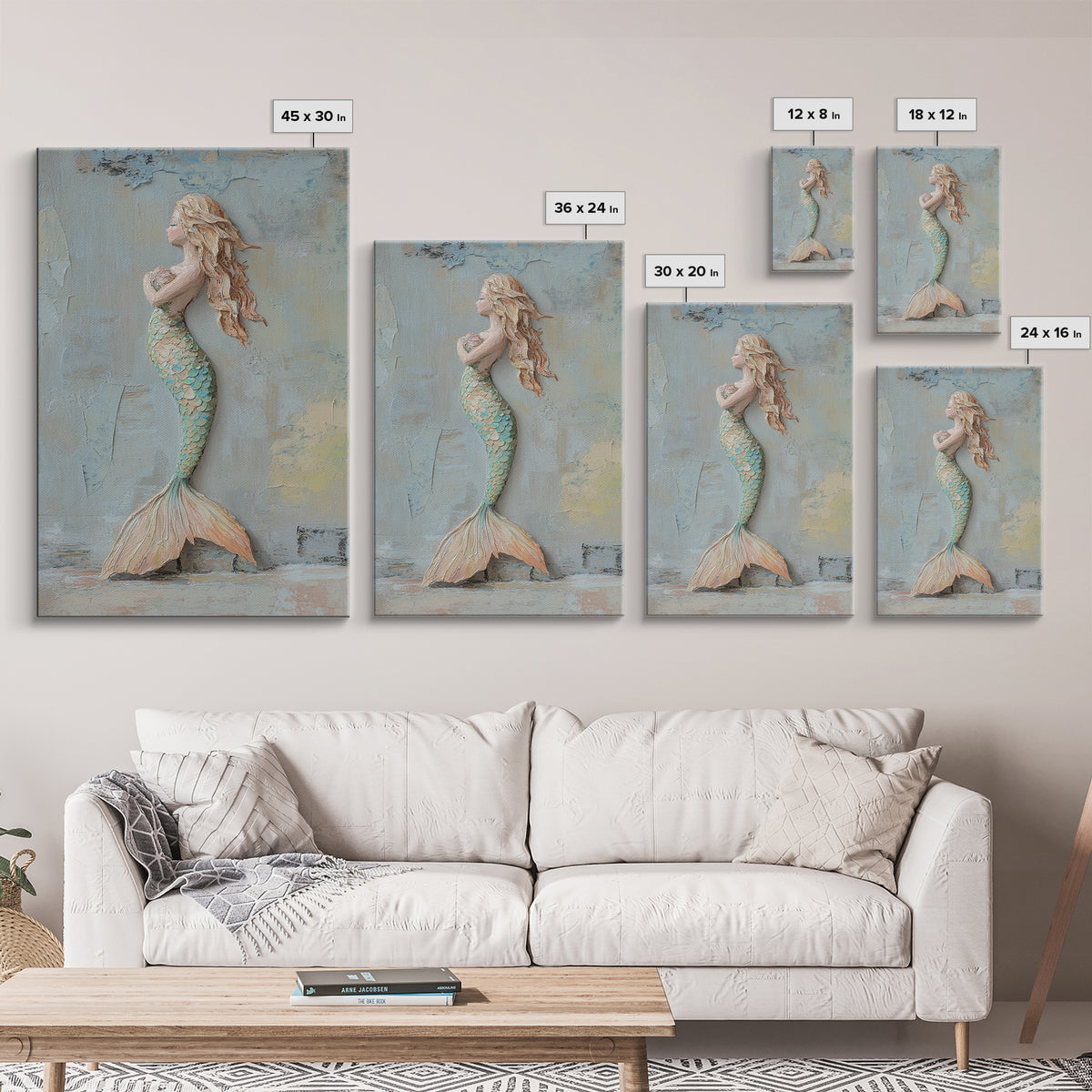 Textured Mermaid Figure Wall Art, Coastal Fantasy Decor, Nautical Canvas Print, Whimsical Ocean Art, Beach House Decor Gift