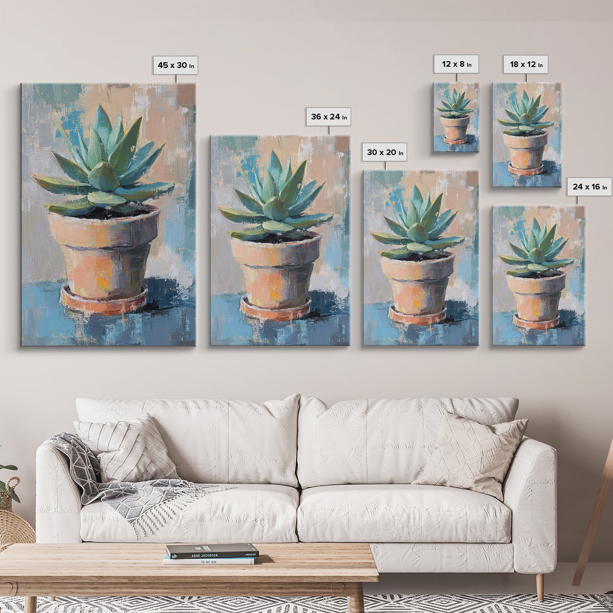 Potted Succulent Plant Wall Art, Botanical Canvas Print, Desert Home Decor, Modern Farmhouse Living Room Green Wall Decor Gift