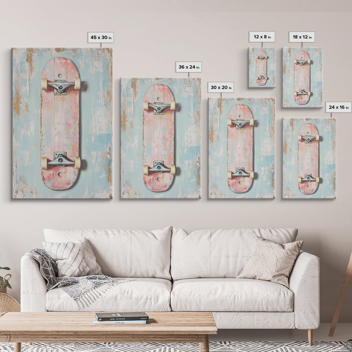 Pastel Pink Skateboard On Distressed Blue Wall Art, Retro Sport Decor, Skater Gift, Trendy Canvas Print For Kids Room Decor