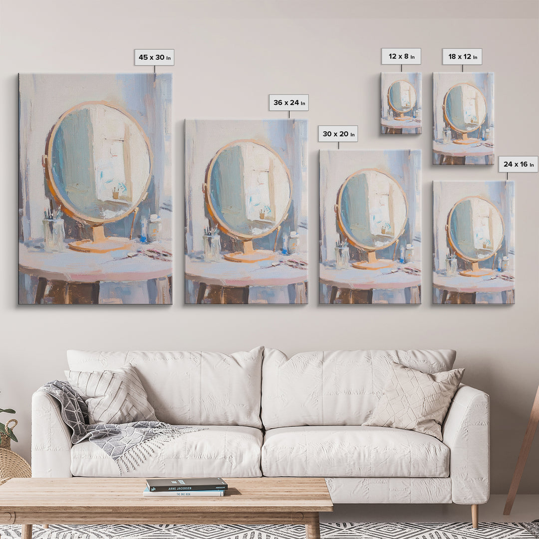Soft Sunlit Vanity Mirror Still Life Wall Art, Feminine Bedroom Decor, Beauty Room Art, Neutral Framed Canvas Print For Modern Home Decor