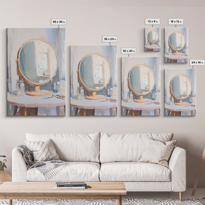 Soft Sunlit Vanity Mirror Still Life Wall Art, Feminine Bedroom Decor, Beauty Room Art, Neutral Framed Canvas Print For Modern Home Decor