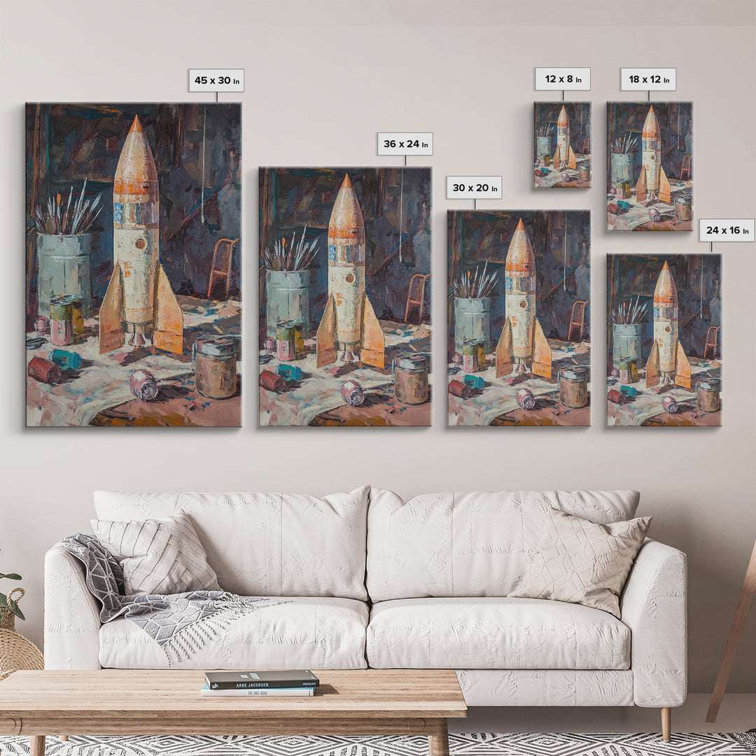 Weathered Toy Rocket In Artist Studio Wall Art, Retro Space Decor, Sci Fi Art Print, Bold Framed Canvas Print For Kids Room