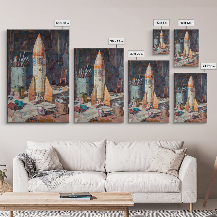 Weathered Toy Rocket In Artist Studio Wall Art, Retro Space Decor, Sci Fi Art Print, Bold Framed Canvas Print For Kids Room