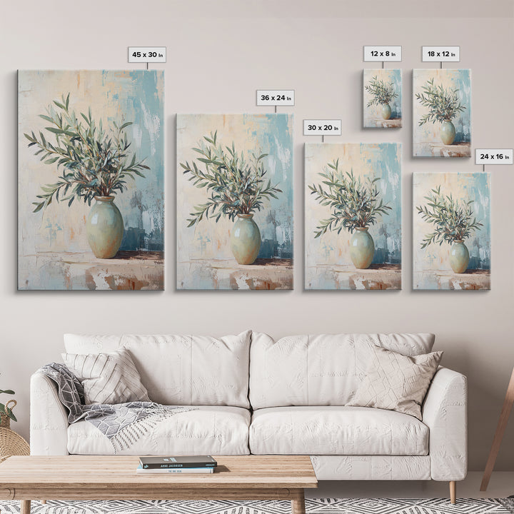 Olive Branches In Ceramic Vase Canvas Print, Mediterranean Botanical Wall Art, Minimalist Kitchen Decor, Neutral Home Decor