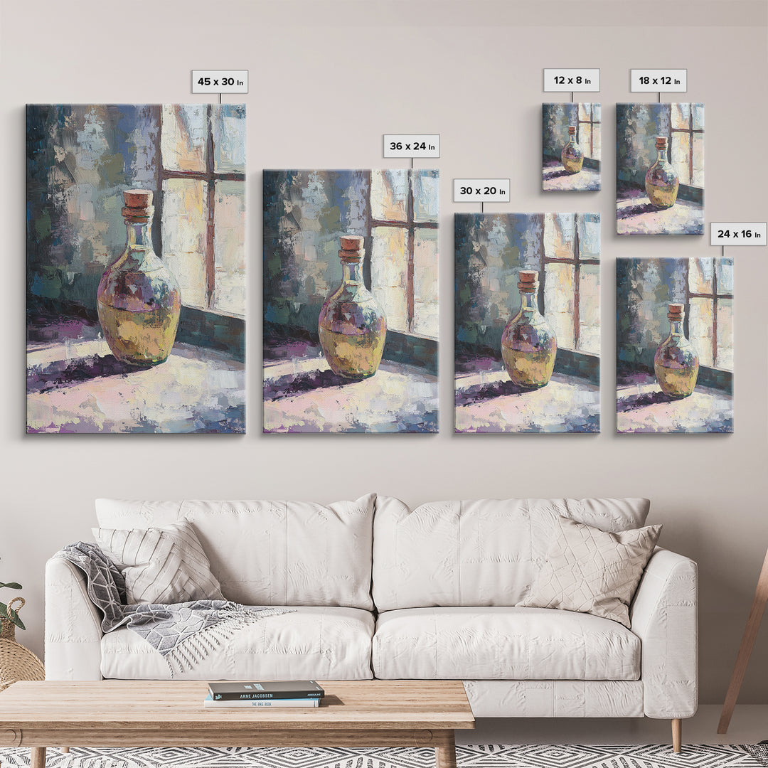 Sunlit Glass Bottle By Window Wall Art, Moody Still Life Painting, Rustic Kitchen Decor, Contemporary Canvas Print For Home